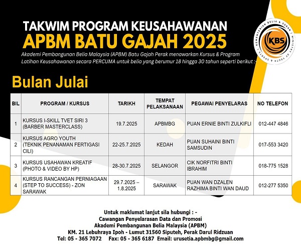 TAKWIM PROGRAM KEUSAHAWANAN APBM BATU GAJAH JULAI 2025 TARIK MINAT BELIA SERTAI DUNIA USAHAWAN