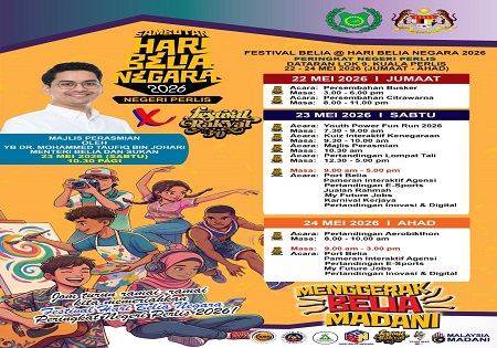 ANTARA AKTIVITI MENARIK YANG BAKAL BERLANGSUNG SEMPENA FESTIVAL BELIA @ SAMBUTAN HARI BELIA NEGARA PERINGKAT NEGERI PERLIS 2026 SEMPENA FESTIVAL RAKYAT 3.0 PADA 22 HINGGA 24 MEI 2026