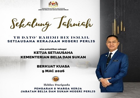 SEKALUNG TAHNIAH DIUCAPKAN KEPADA YB DATO’ RAHIMI BIN ISMAIL ATAS PELANTIKAN SEBAGAI KETUA SETIAUSAHA KEMENTERIAN BELIA DAN SUKAN