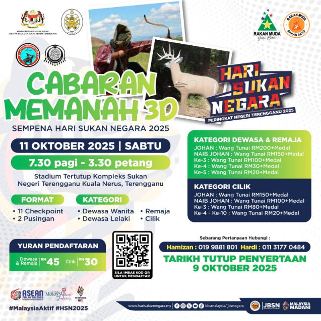 CABARAN MEMANAH 3D 2025 SEMPENA HARI SUKAN NEGARA PERINGKAT NEGERI TERENGGANU KINI DIBUKA!