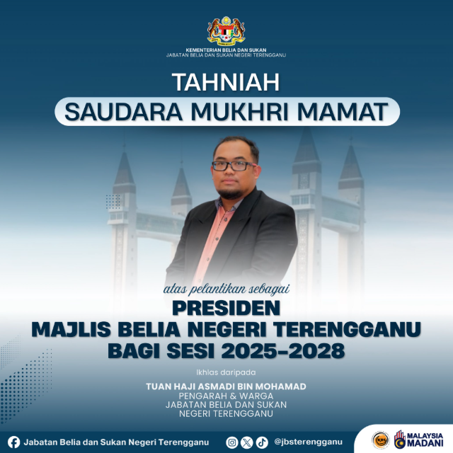 TAHNIAH DIUCAPKAN KEPADA SAUDARA MUKHRI MAMAT ATAS PELANTIKAN SEBAGAI PRESIDEN MAJLIS BELIA NEGERI TERENGGANU DAN TAHNIAH KEPADA SELURUH BARISAN KEPIMPINAN MBNT SESI 2025-2028!